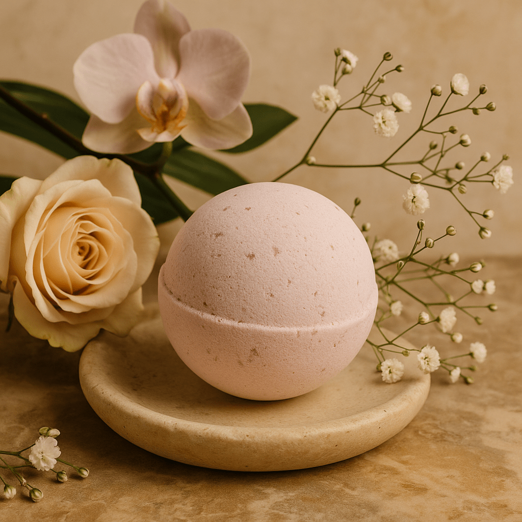 Pink bath bomb on a stone plate with flowers on a beige background
