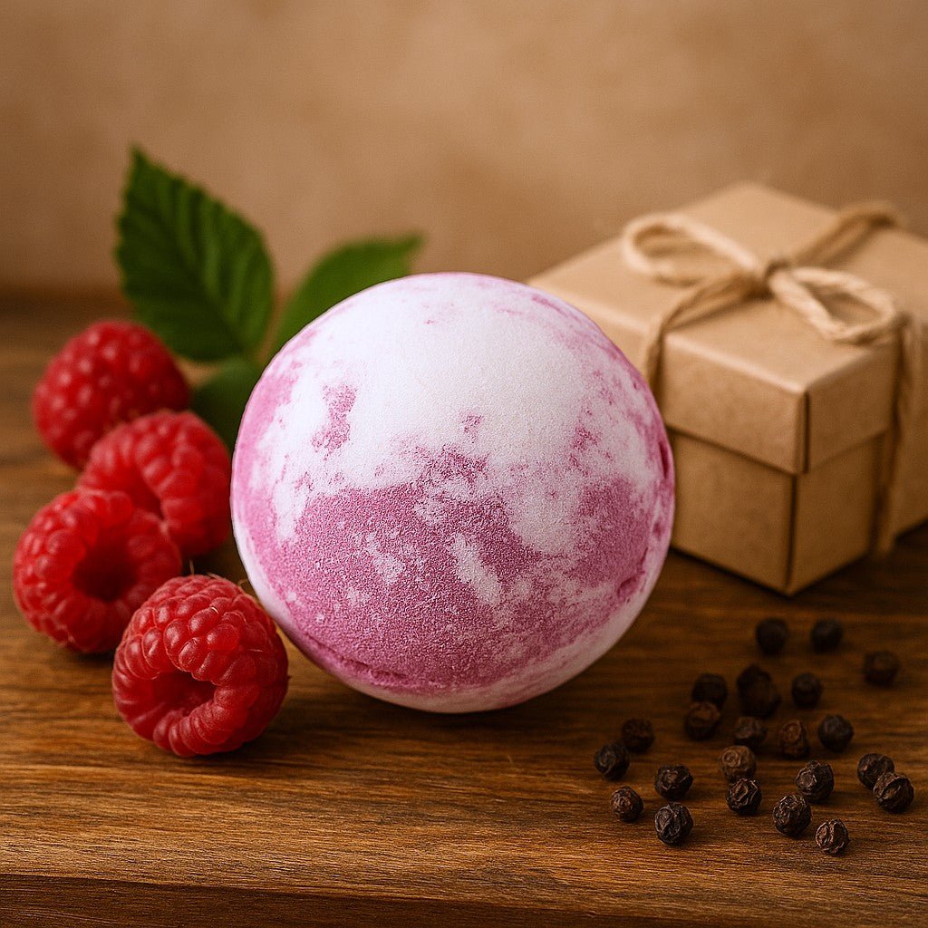 Pink bath bomb with raspberries and a gift box on a wooden surface