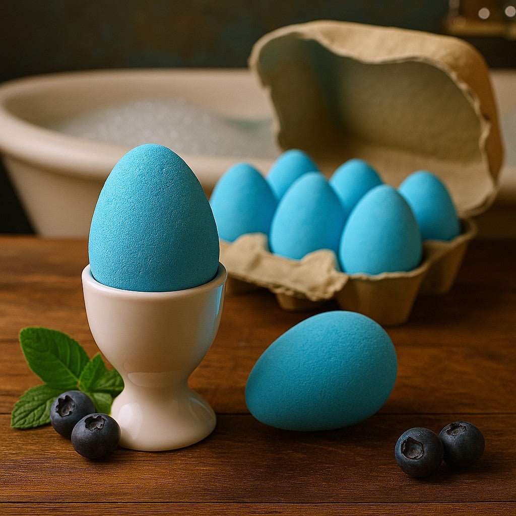 Blue eggs in a carton with one in an egg cup on a wooden surface, surrounded by blueberries.