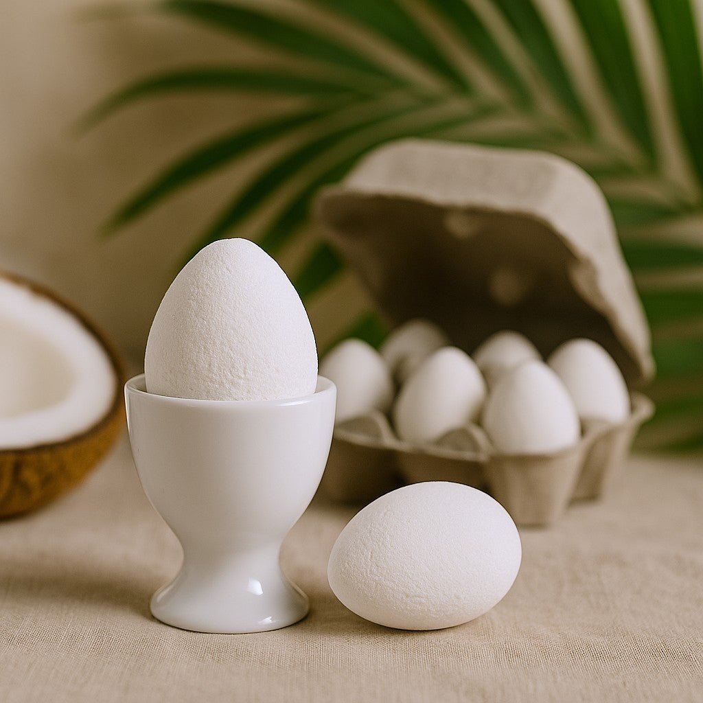 White eggs in a carton and on a table with a coconut, against a blurred green leafy background.