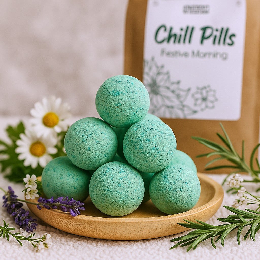 Stack of green bath bombs on a wooden plate with a 'Chill Pills' packaging in the background.