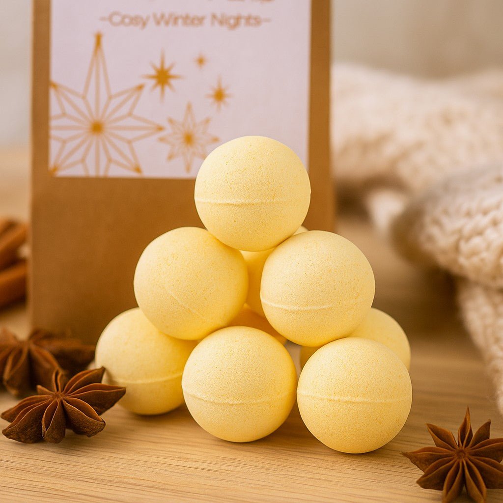 Stack of yellow bath bombs with a decorative box labeled 'Cozy Winter Nights' on a wooden surface.