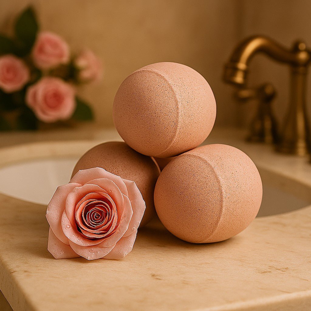 Three pink bath bombs stacked on a bathroom counter with a pink rose and blurred roses in the background.