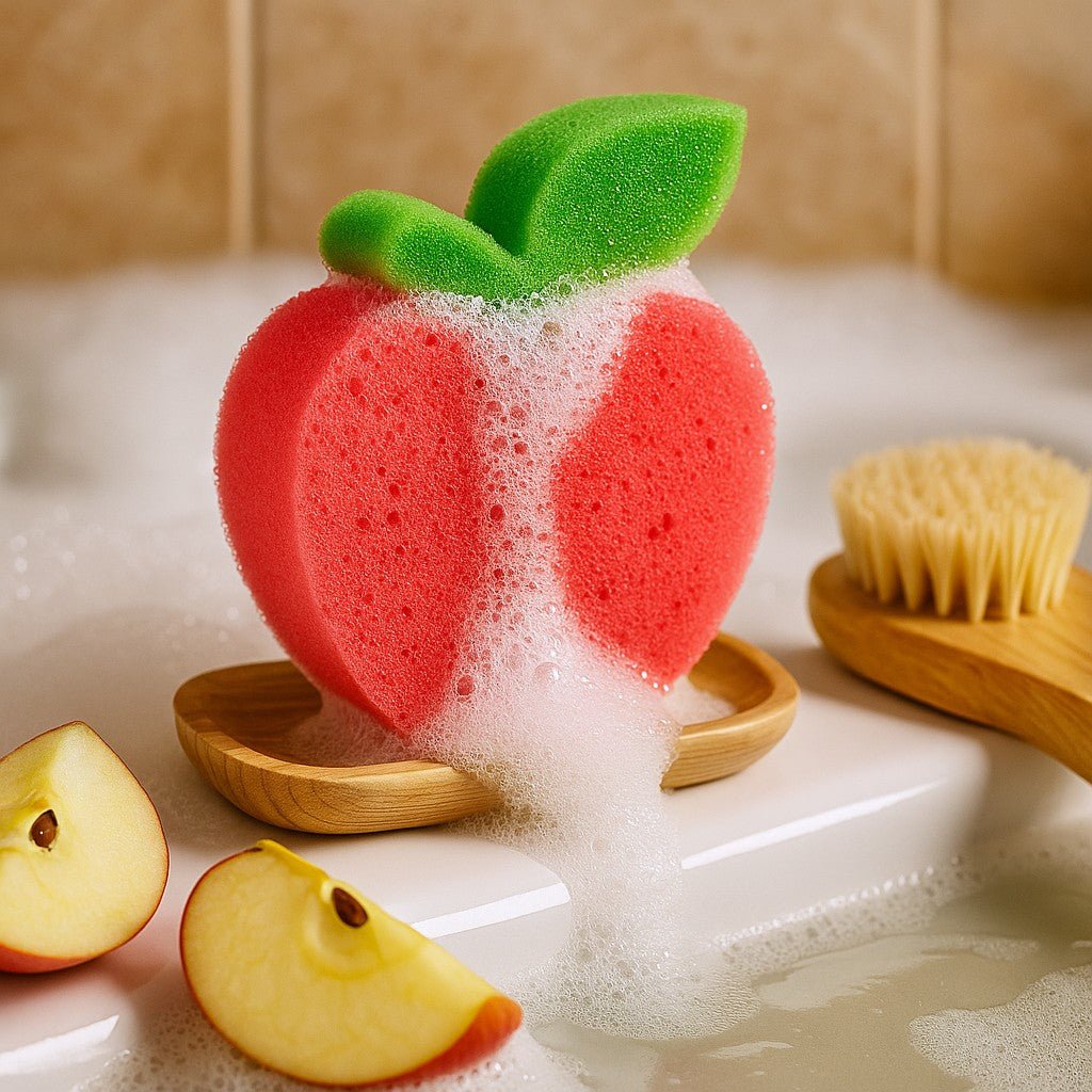 Red apple-shaped sponge with green leaves on a bathtub filled with water and bubbles, surrounded by sliced apples and a wooden brush.