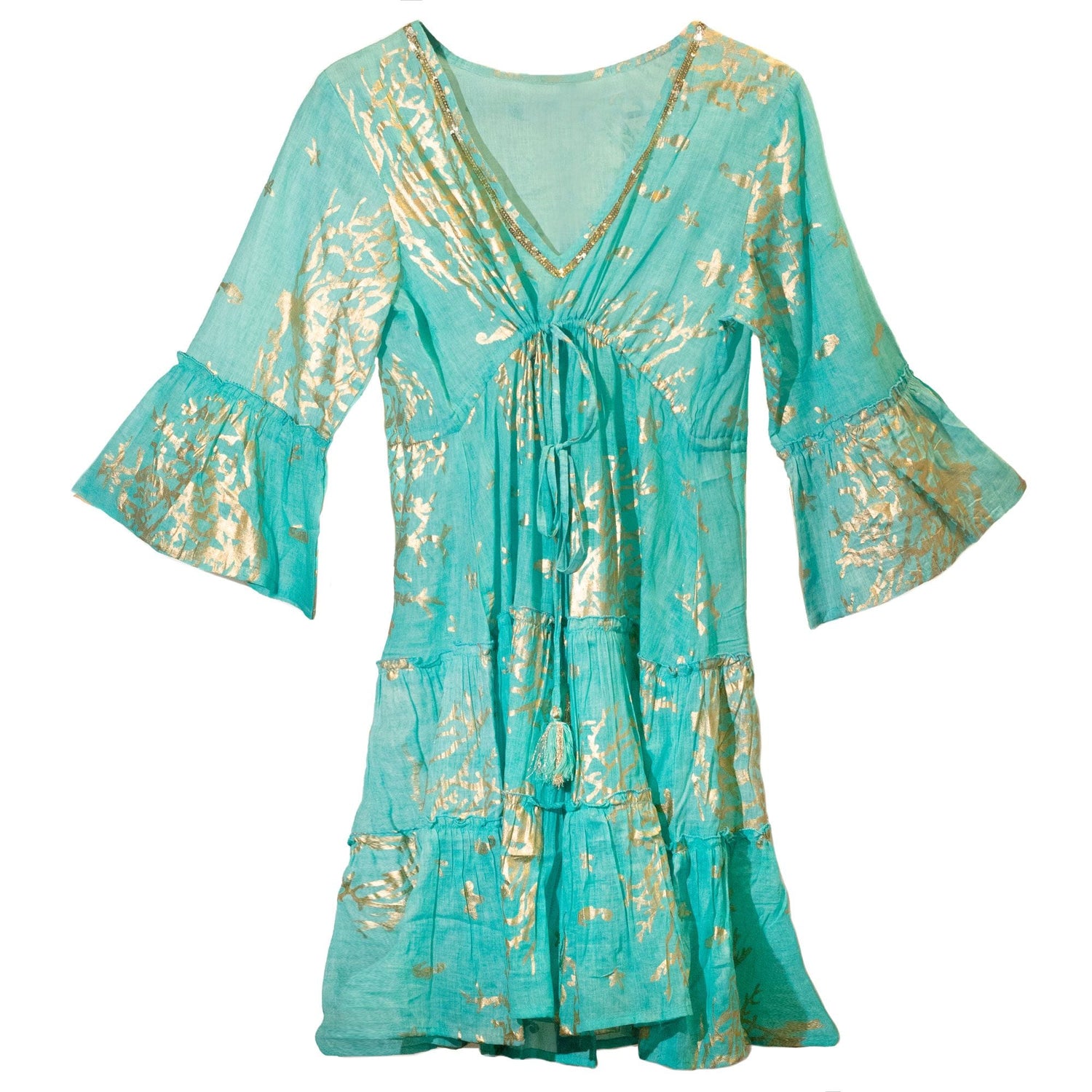 Beach Dress, Turquoise Gold Coral Nomad Sari - SHAMTAM.COM