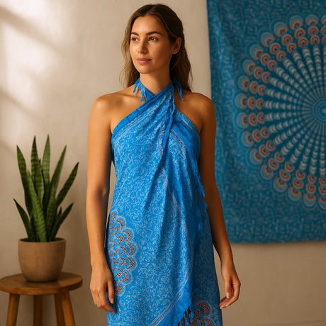 Beach Sarong Mandala Teal Orange Rayon - SHAMTAM.COM