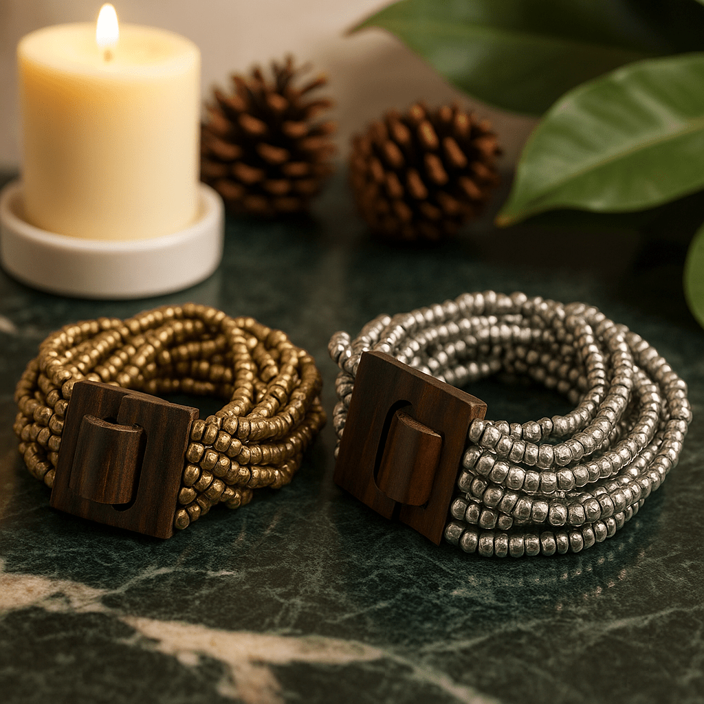 Beaded Bangle Bracelet - Wooden Clasp Gold Bronze - SHAMTAM.COM