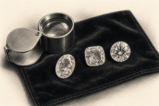 Een loep van een juwelier naast drie edelstenen met verschillende helderheid op zwart fluweel, ter illustratie van het beoordelen van kwaliteit