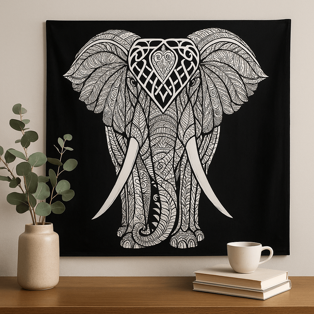 Black - and - White Cotton Double Bedspread Wall Hanging Elephant - SHAMTAM.COM