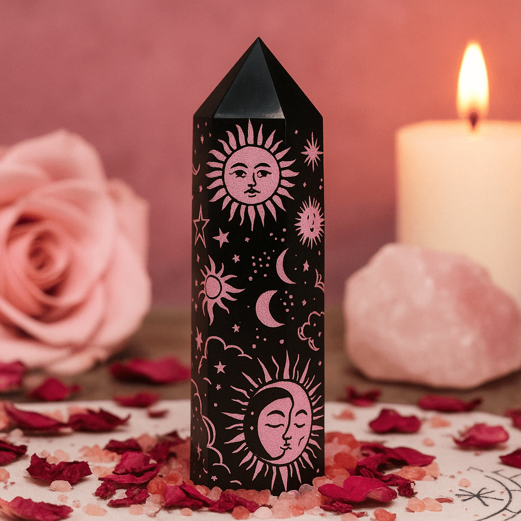 Black Obsidian Crystal - Mystic Story - Rose Pink Point - SHAMTAM.COM