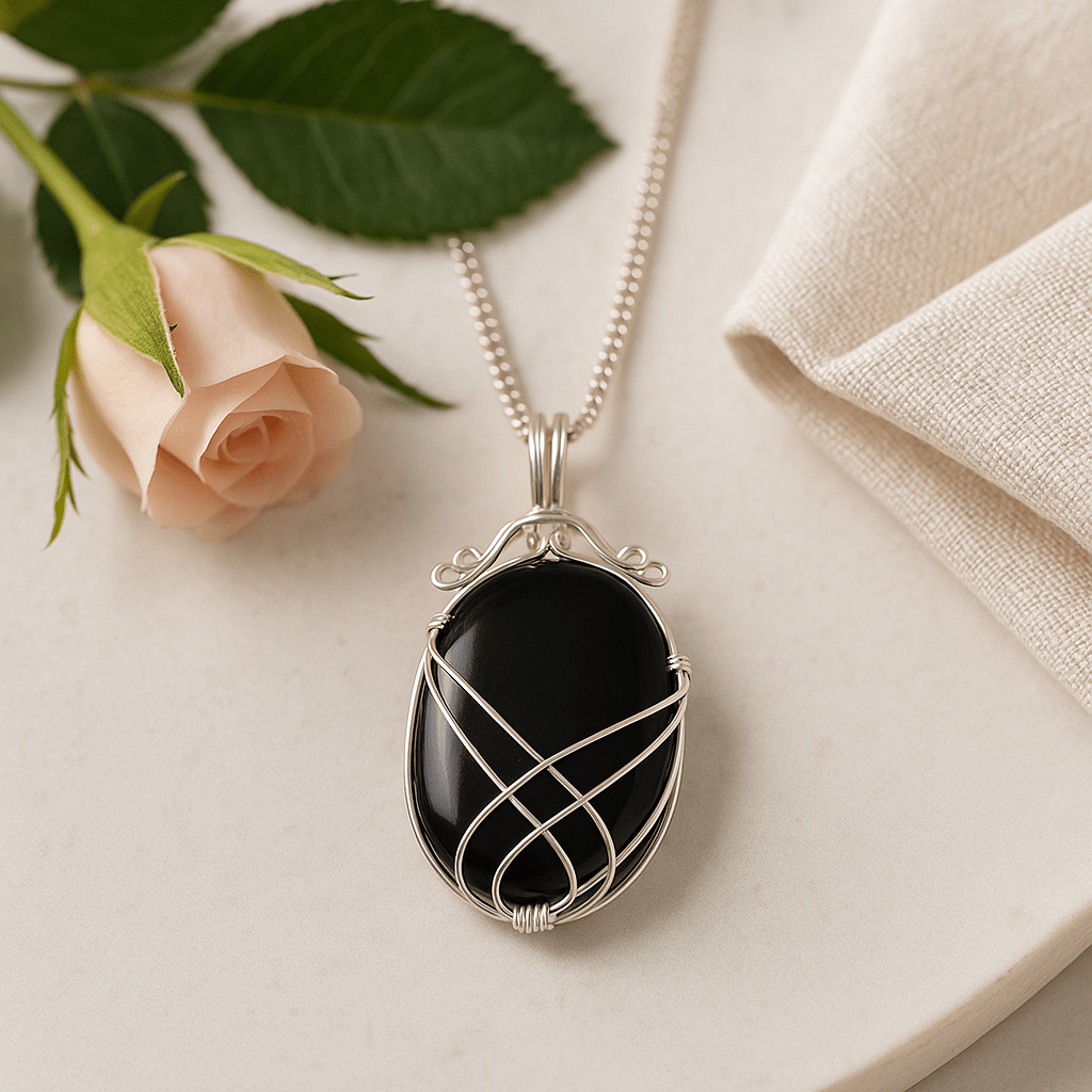 Black Onyx Pendant Necklace Swirl Setting 50 cm - SHAMTAM.COM