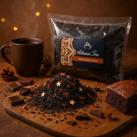 Artisan Tea package with tea leaves, chocolate, and brownies on a wooden board.