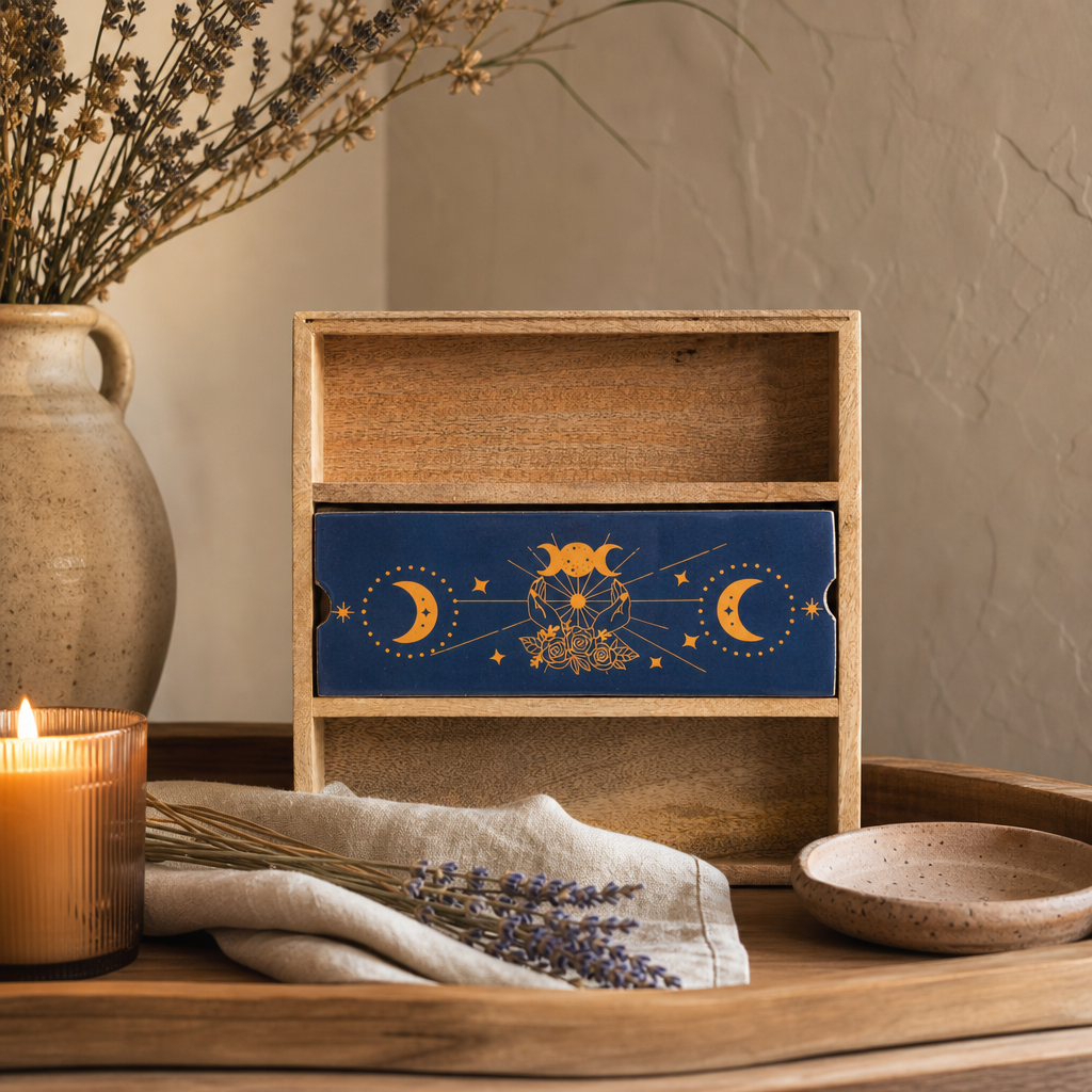 Blue Moon Phases Tarot Tray with Card Holder — styled in a warm, naturally lit interior