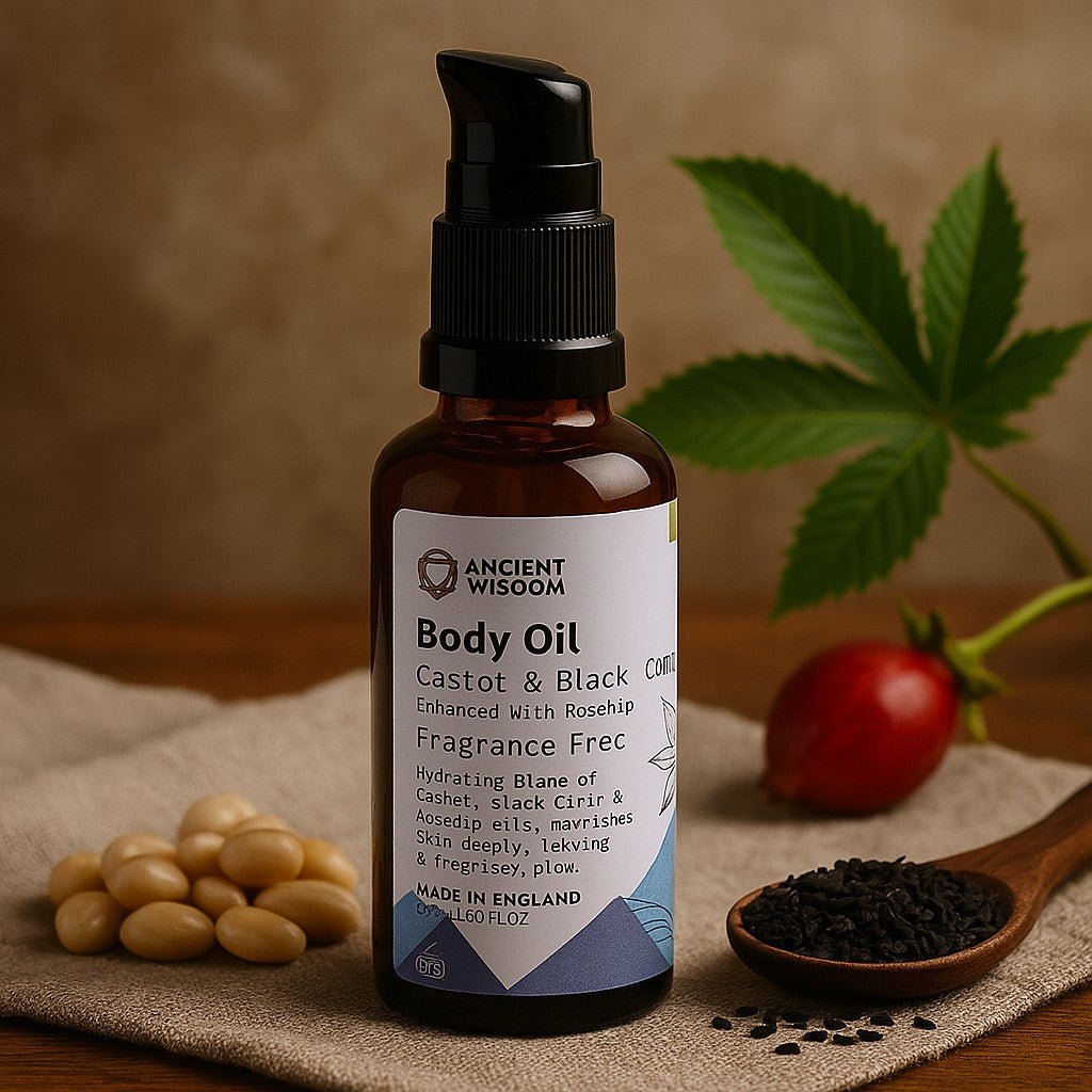 Bottle of Ancient Wisdom Body Oil with ingredients on a wooden surface