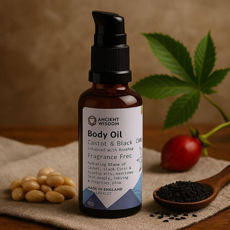 Bottle of Ancient Wisdom Body Oil with ingredients on a wooden surface
