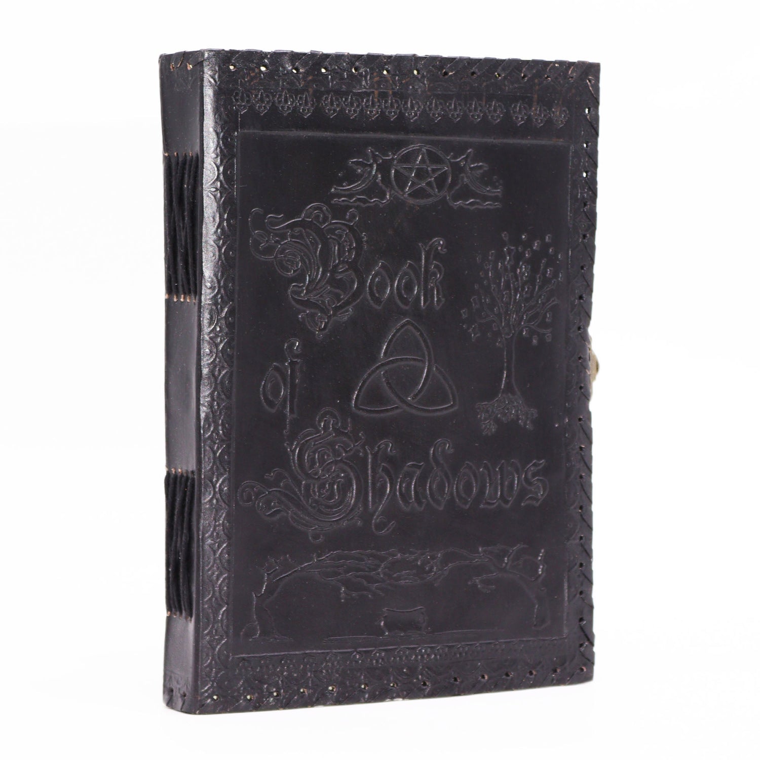 Large Black Leather Book of Shadows with Embossed Pentacle, Triquetra, and Tree Design - 200 Deckle - Edged Pages, 25x18x3cm - Mystical Wiccan Journal with Metal Clasp - SHAMTAM.COM