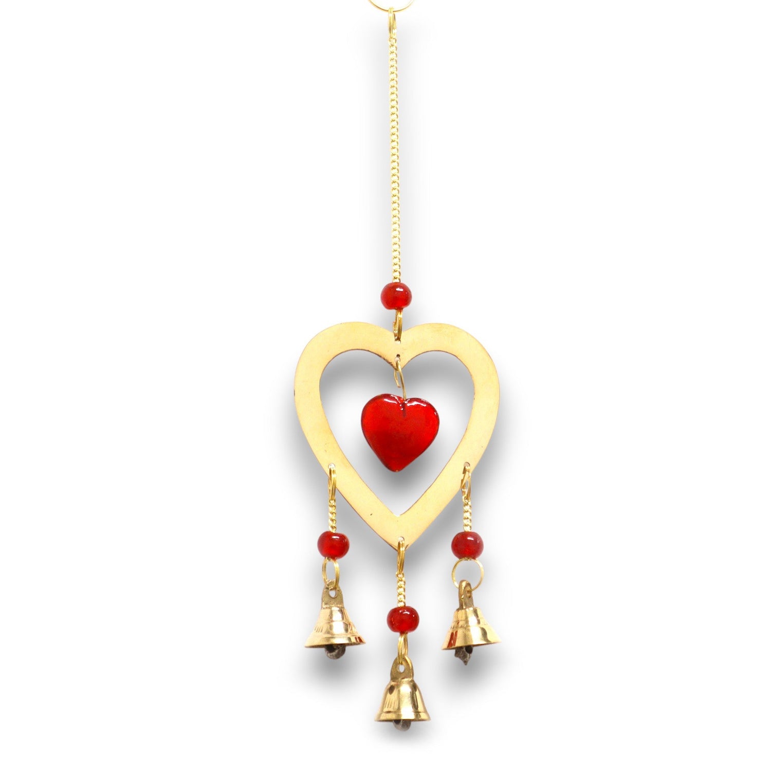 Handcrafted Indian Brass Wind Chimes with Ruby Glass Heart Beads and 3 Soothing Bells - Elegant Home and Garden Decor - SHAMTAM.COM