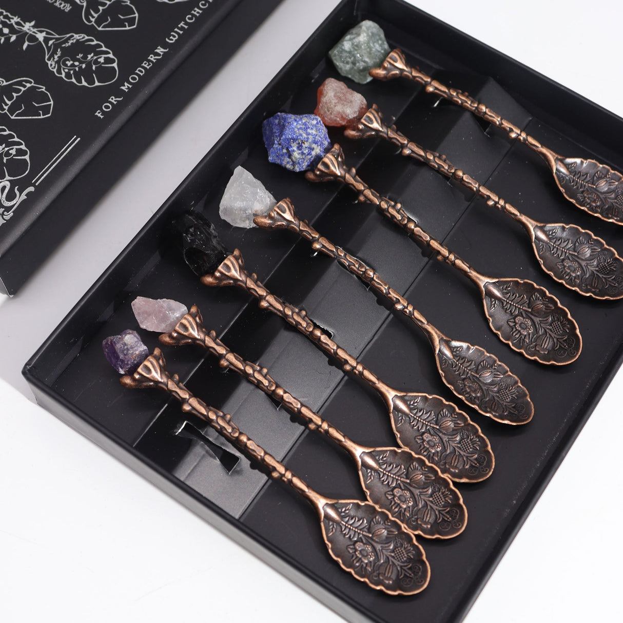 Set of 7 Bronze Gemstone Crystal Witch Spoons - SHAMTAM.COM