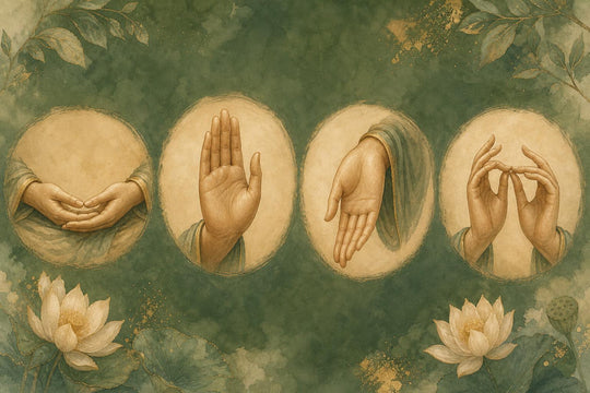 Meleg, festői hangulatú szemléltető tábla, amely négy Buddha-kézmozdulatot mutat be közeli tanulmányként, kizárólag a kezekre összpontosítva: kettő meditáció közben az ölben pihen, egy kifelé fordított tenyérrel felemelkedik üdvözlésként, egy lefelé fordított tenyérrel adakozást fejez ki, kettő pedig a mellkas közelében van tanítás közben.