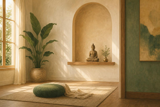 Meleg, festői hangulatú illusztráció egy nyugodt, levegős szobáról, amely megmutatja, hová helyezhetsz Buddha-figurát az otthonban: egy kis meditáló szobor szemmagasságban, egyszerű polcon, padlópárnával, növénnyel és lágy nappali fénnyel, sok szabadon hagyott, rendezett térrel.