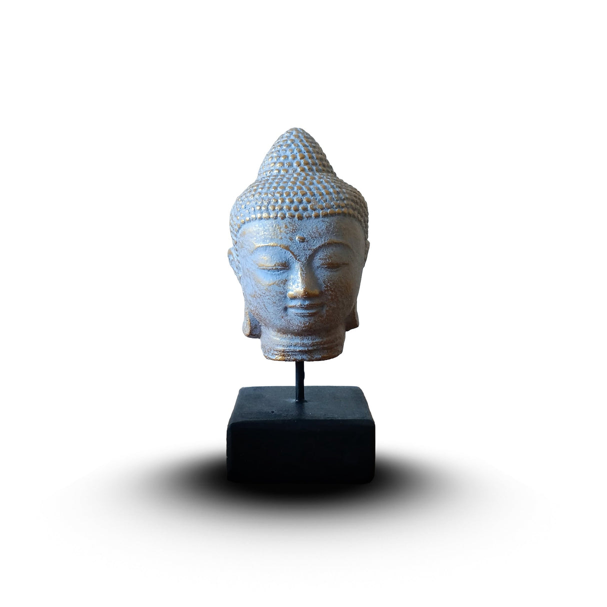 Tranquil Blue Copper Buddha Head Sculpture on Stand for Mindful Interiors - SHAMTAM.COM
