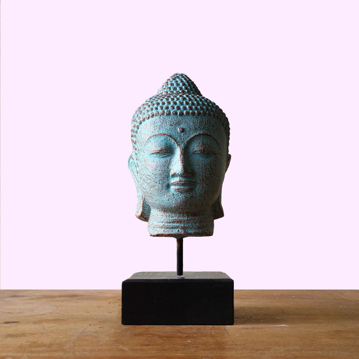 Serene Green Copper Buddha Head Sculpture on Stand - Elegant Décor for Mindfulness and Meditation Spaces - SHAMTAM.COM