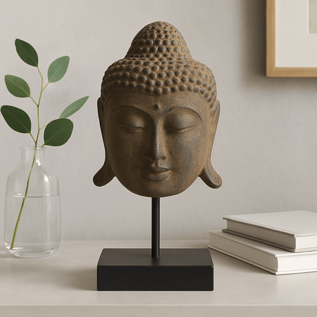 Buddha Head Statue on Stand Large Grey - SHAMTAM.COM