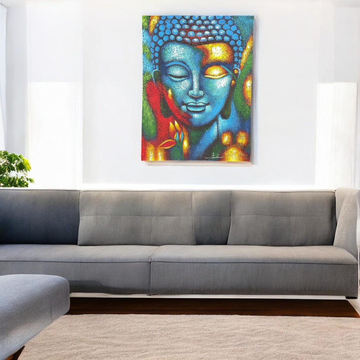 Buddha Painting - Blue & Gold Flower 75x55cm - SHAMTAM.COM