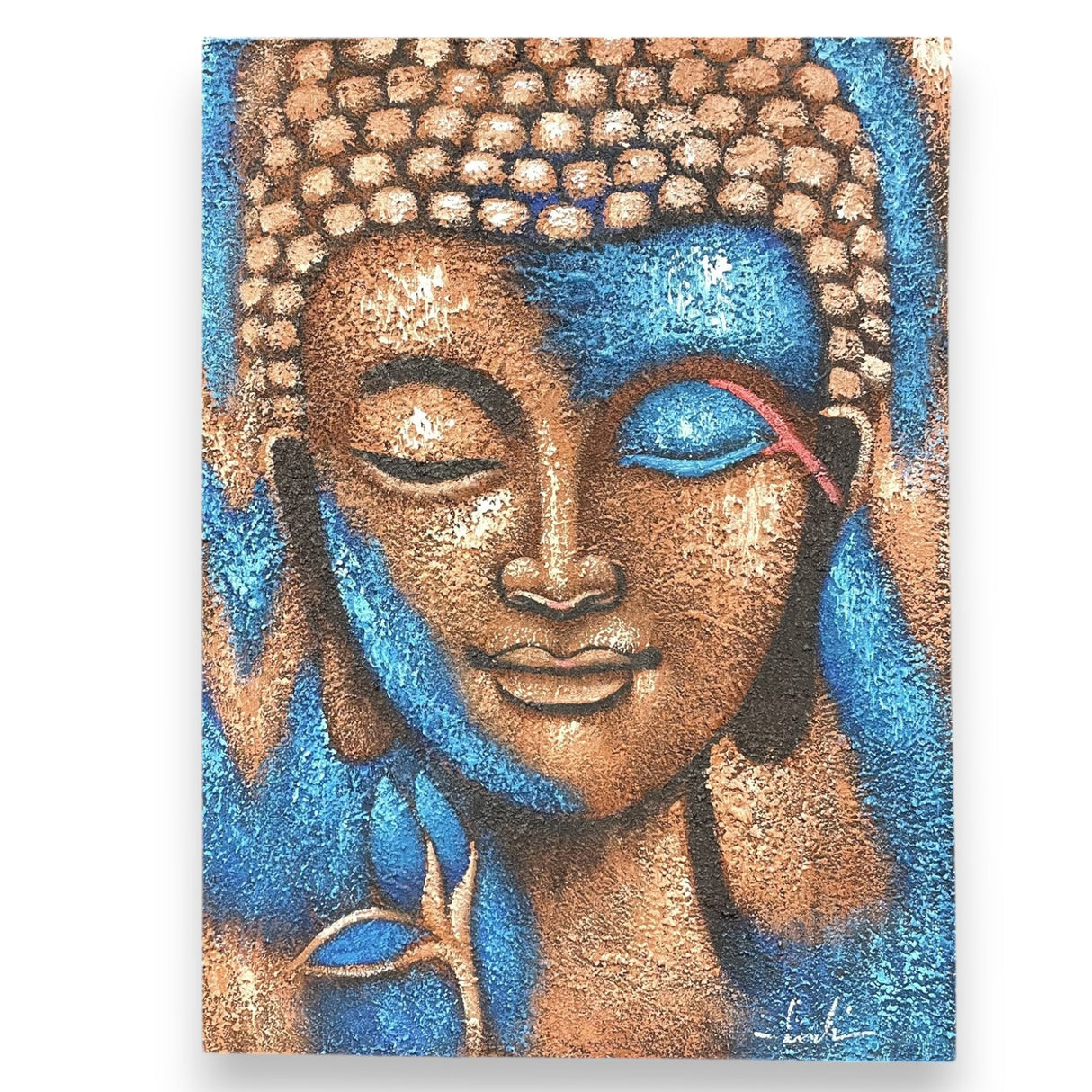 Buddha Painting - Bronze & Blue Flower 75x55cm - SHAMTAM.COM