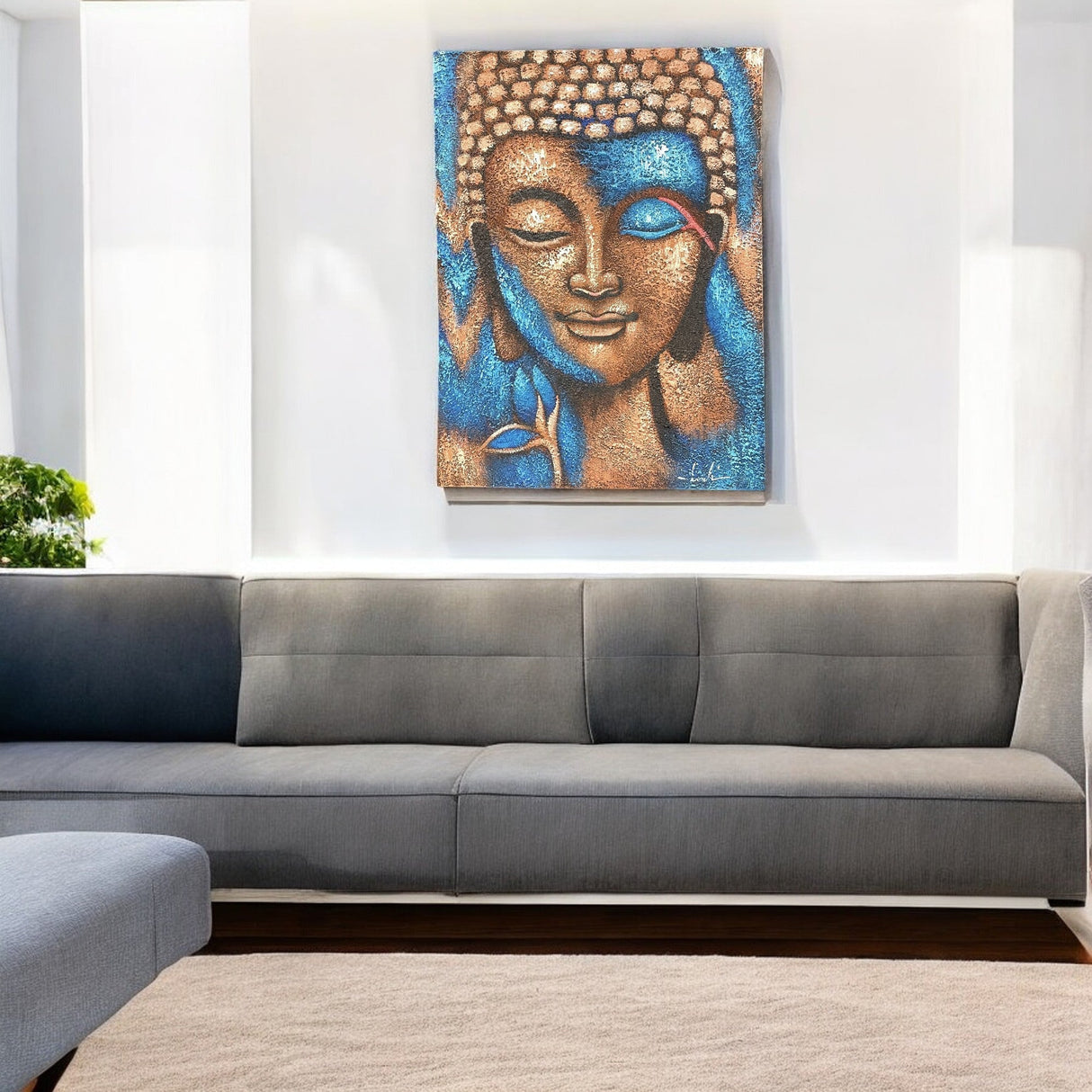 Buddha Painting - Bronze & Blue Flower 75x55cm - SHAMTAM.COM