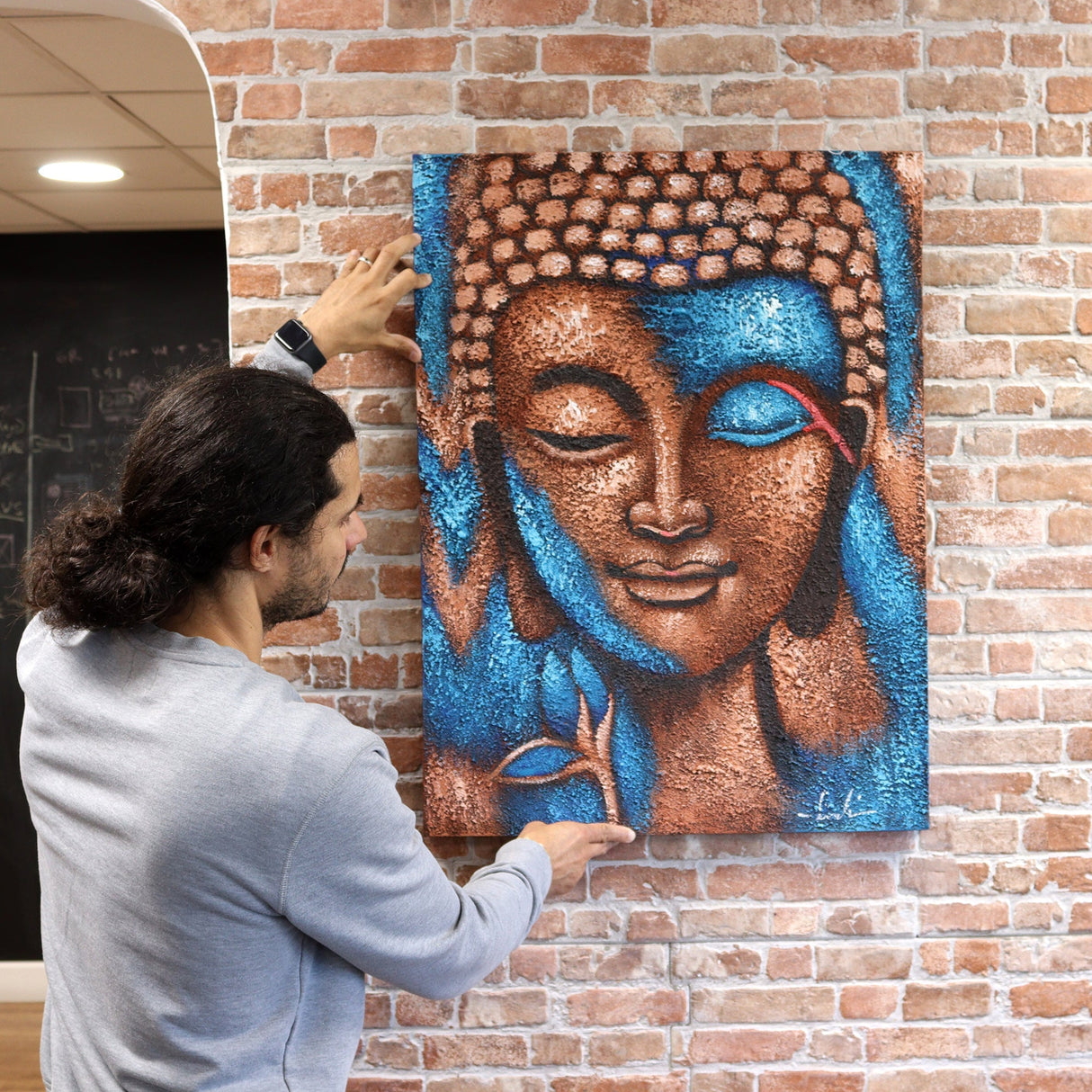 Buddha Painting - Bronze & Blue Flower 75x55cm - SHAMTAM.COM