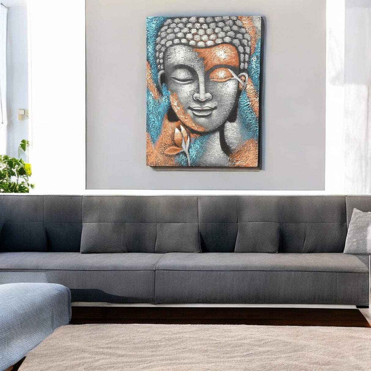 Buddha Painting - Silver & Rose Gold Flower 75x55cm - SHAMTAM.COM