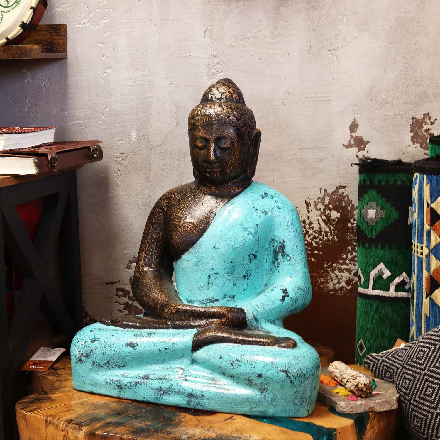 Medium Buddha Statue in Classic Turquoise & Stone Finish - 0.5m Tall - SHAMTAM.COM
