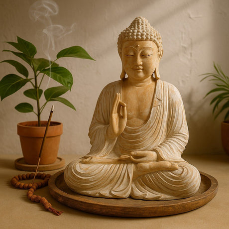 Wooden Buddha statue on a brown surface with plants and incense in the background