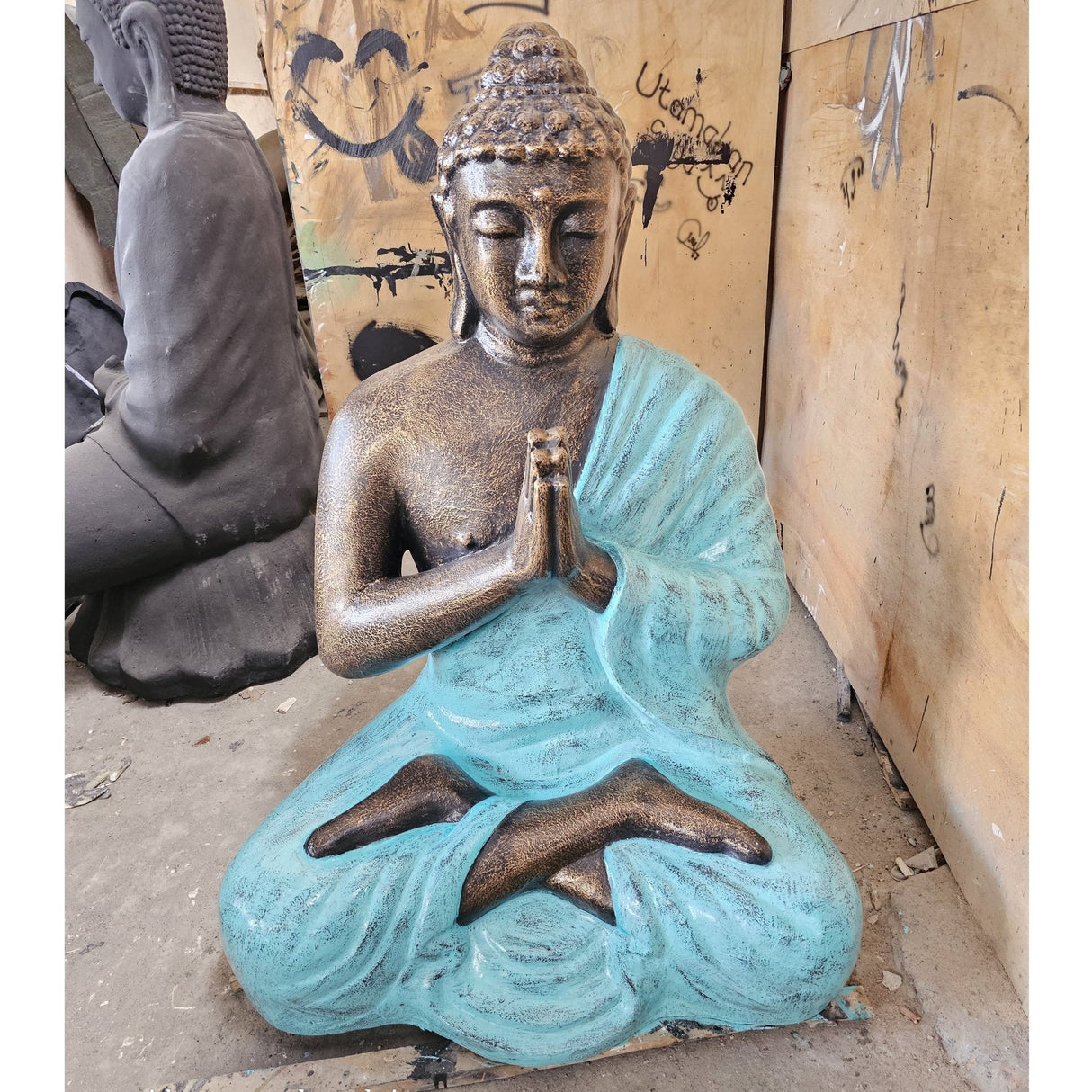 1.2m Tall Turquoise & Gold Praying Buddha Statue - Meditative Bronze Finish for Home Decor - SHAMTAM.COM