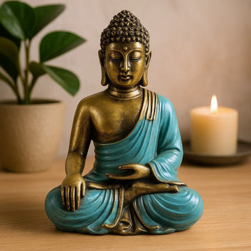 Buddha Statue Teal And Gold Resin Varada Mudra - SHAMTAM.COM