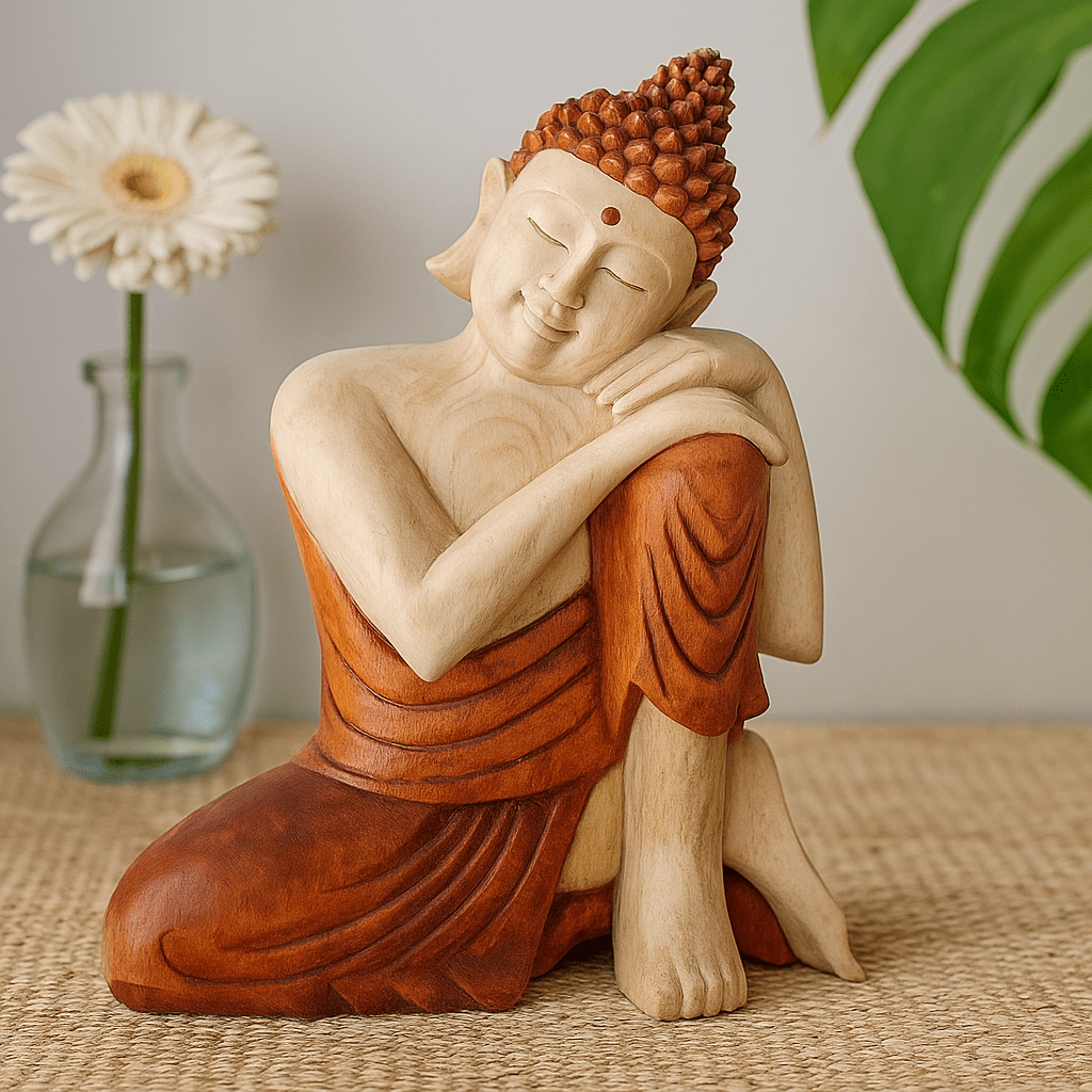 Buddha Statue Thinking Hand - Carved Suar Wood 25cm - SHAMTAM.COM