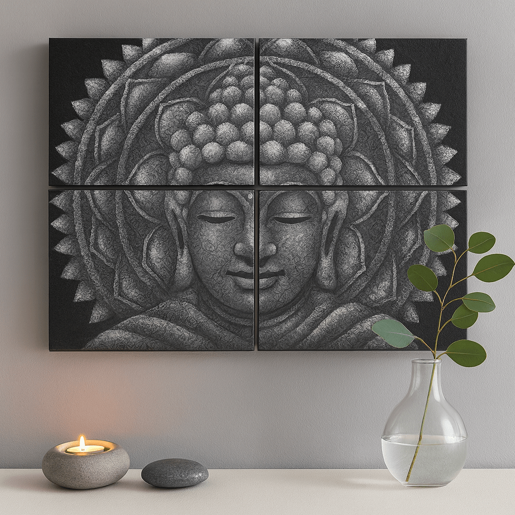 Buddha Wall Art Set of 4 Grey Mandala - SHAMTAM.COM