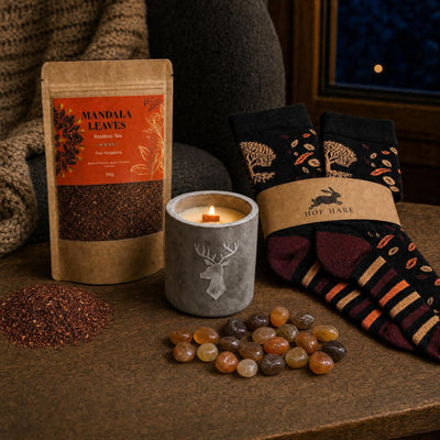The First Cold Evening: An autumn candle set: a crackling wooden-wick candle, apple-cinnamon rooibos and bamboo socks