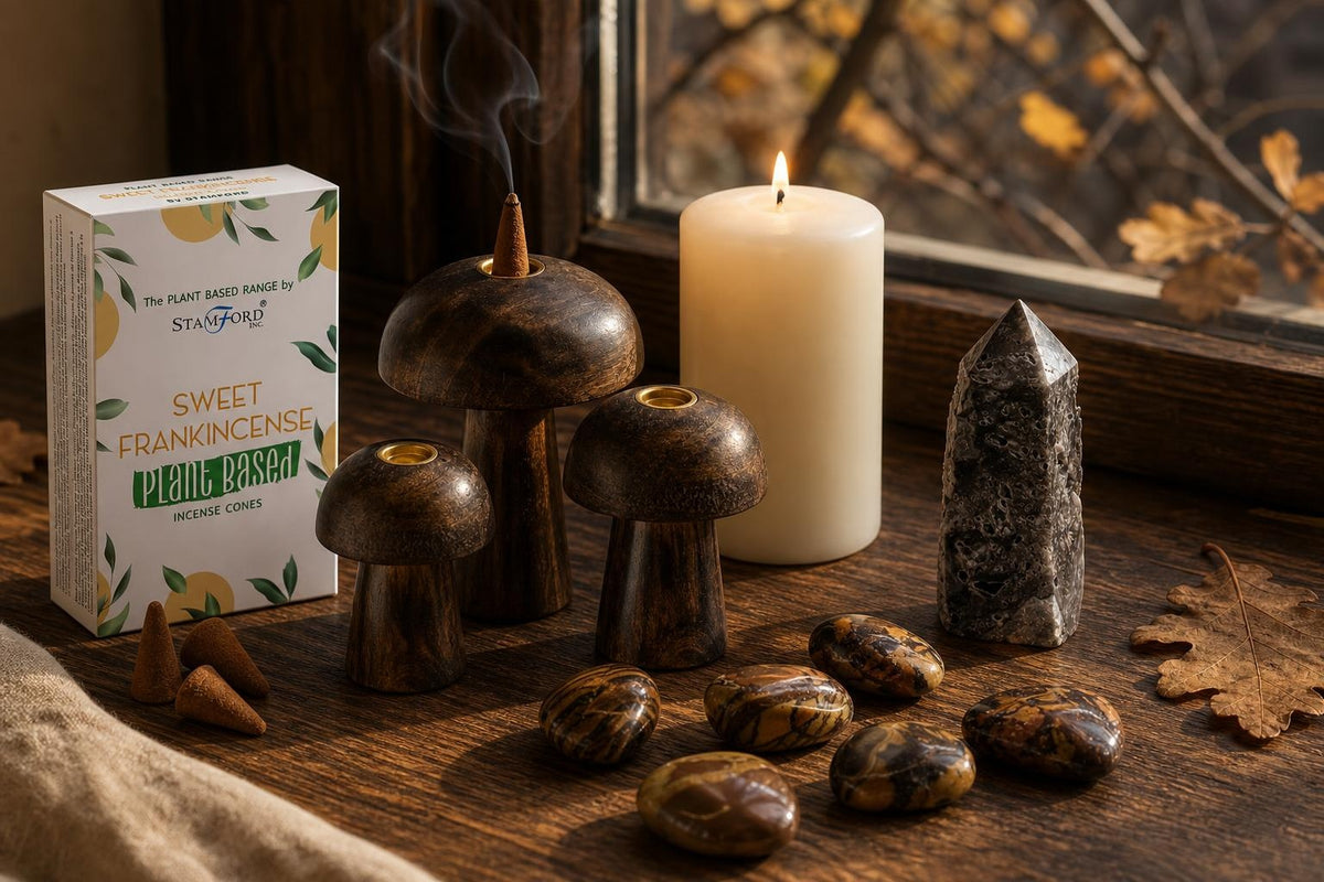 The Turning Table: Autumn decor for the table: wooden mushroom incense holders, an ivory pillar, calcite and picture jasper