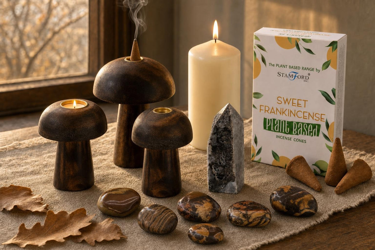 The Turning Table: Autumn decor for the table: wooden mushroom incense holders, an ivory pillar, calcite and picture jasper