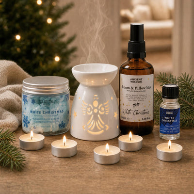 The House on Christmas Day: A Christmas gift set in one scent: White Christmas whipped soap, room and pillow spray, fragrance oil and an angel oil burner with tealights