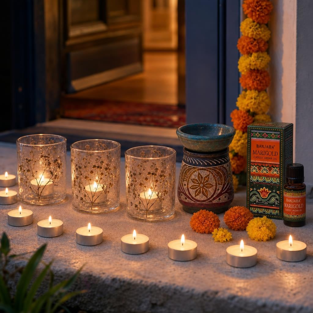Lights by the Door: Diwali candles for the step, the sill and the door: three pressed-flower glass holders, 12 vanilla tealights, and marigold oil in a carved soapstone burner