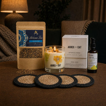 Lights Down at Nine: A relaxation gift for the evening: a botanical soy candle, a caffeine-free spice infusion, bergamot body oil and jute coasters