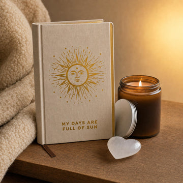 Three Good Things: A gratitude journal gift set: a 120-page gratitude journal with gold edges, an amber glass soy candle and a selenite heart