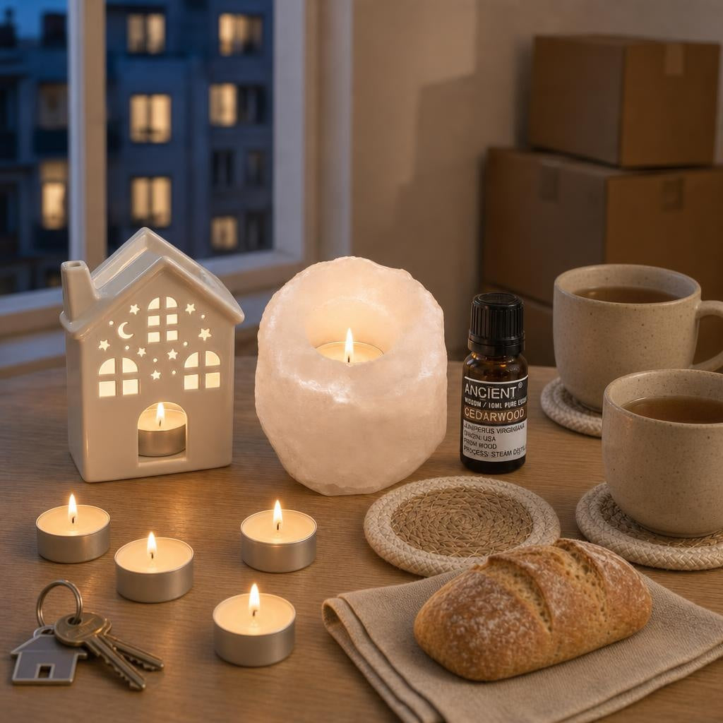 The First Evening Here: A housewarming gift: a white salt tealight holder, a little ceramic house oil burner with cedarwood oil, vanilla tealights and four jute coasters