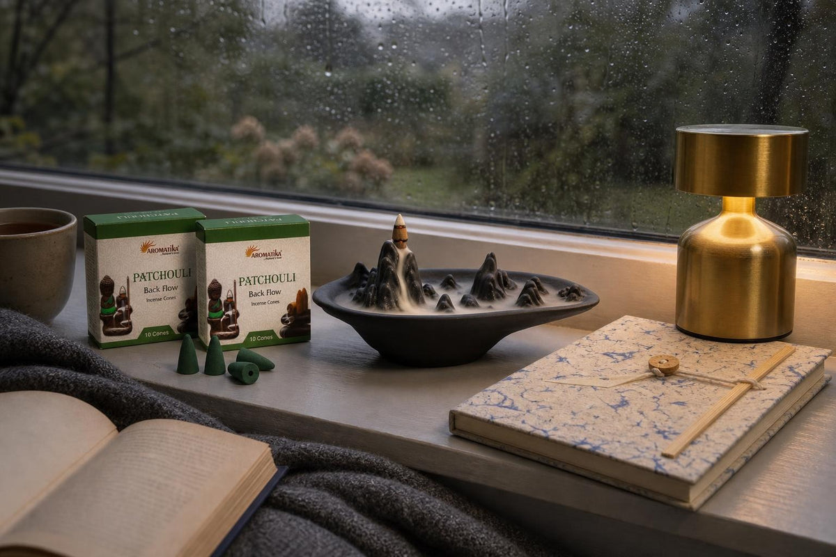 Rain and a Long Book: A gift for book lovers: a mountain backflow burner, patchouli cones, a lokta notebook and a small reading lamp