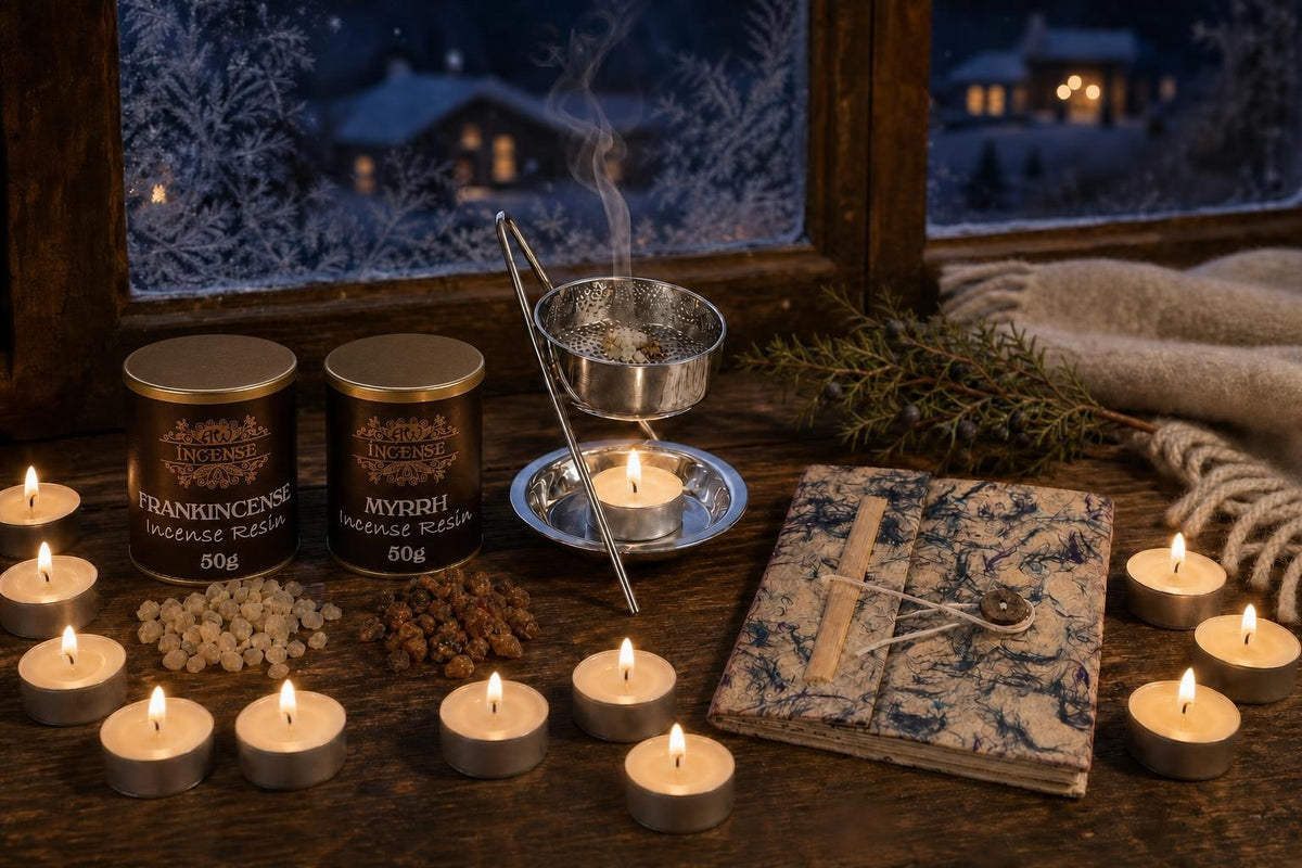 The Twelve Nights: Frankincense and myrrh for the Rauhnächte: a resin warmer with a mesh, a tub of each resin, 12 tealights and a lokta notebook