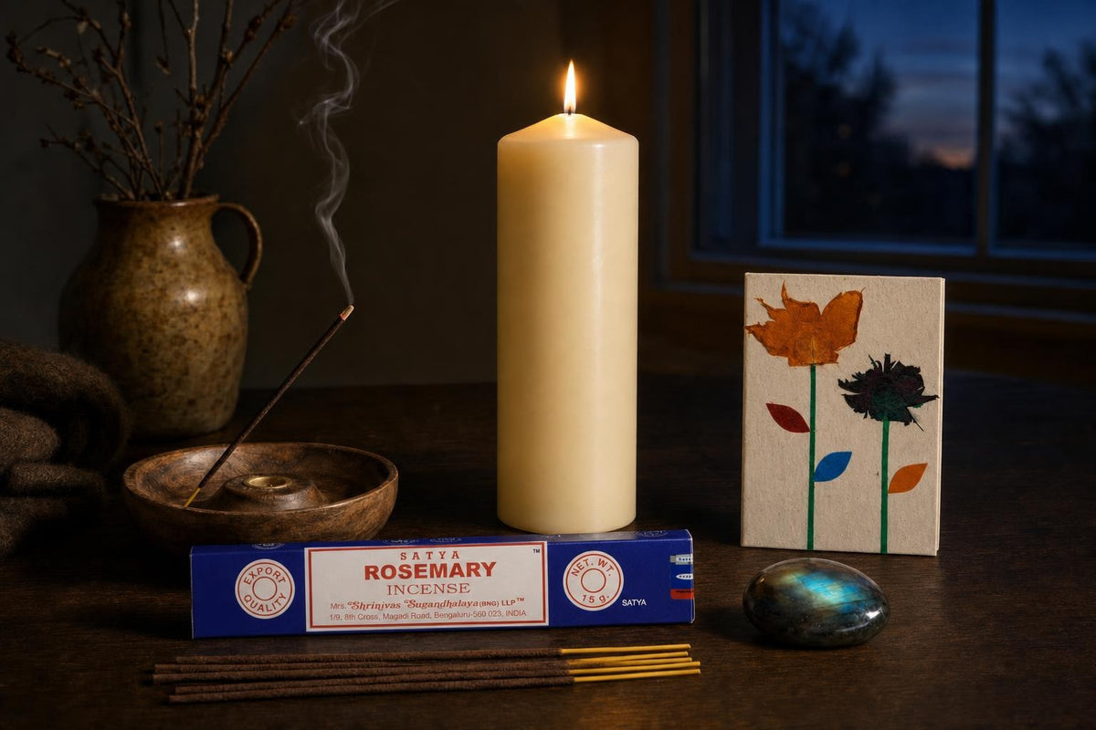 The Longest Night: A winter solstice ritual set: a tall ivory pillar, rosemary incense, a labradorite stone and a pressed-flower notebook