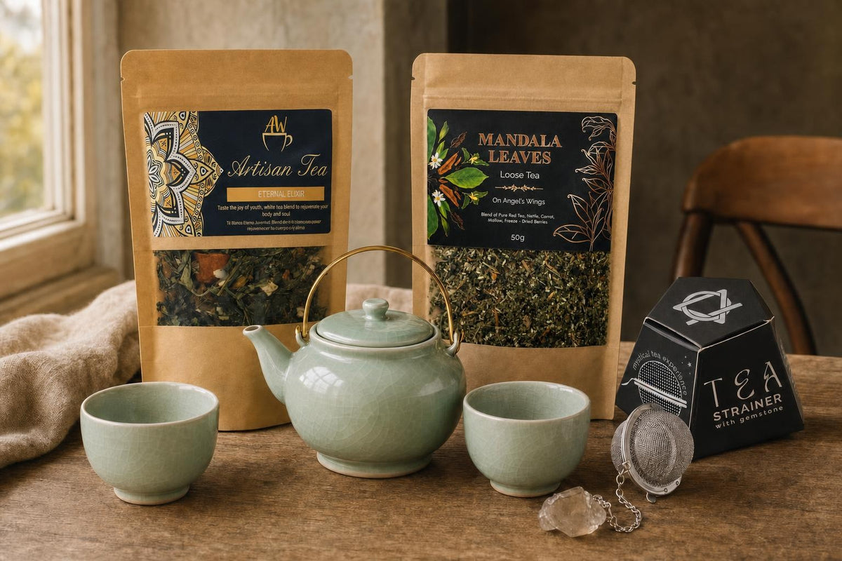 Two Cups, One Pot: A tea gift set: a jade ceramic teapot with two cups, two loose-leaf tea blends and a smoky quartz tea strainer